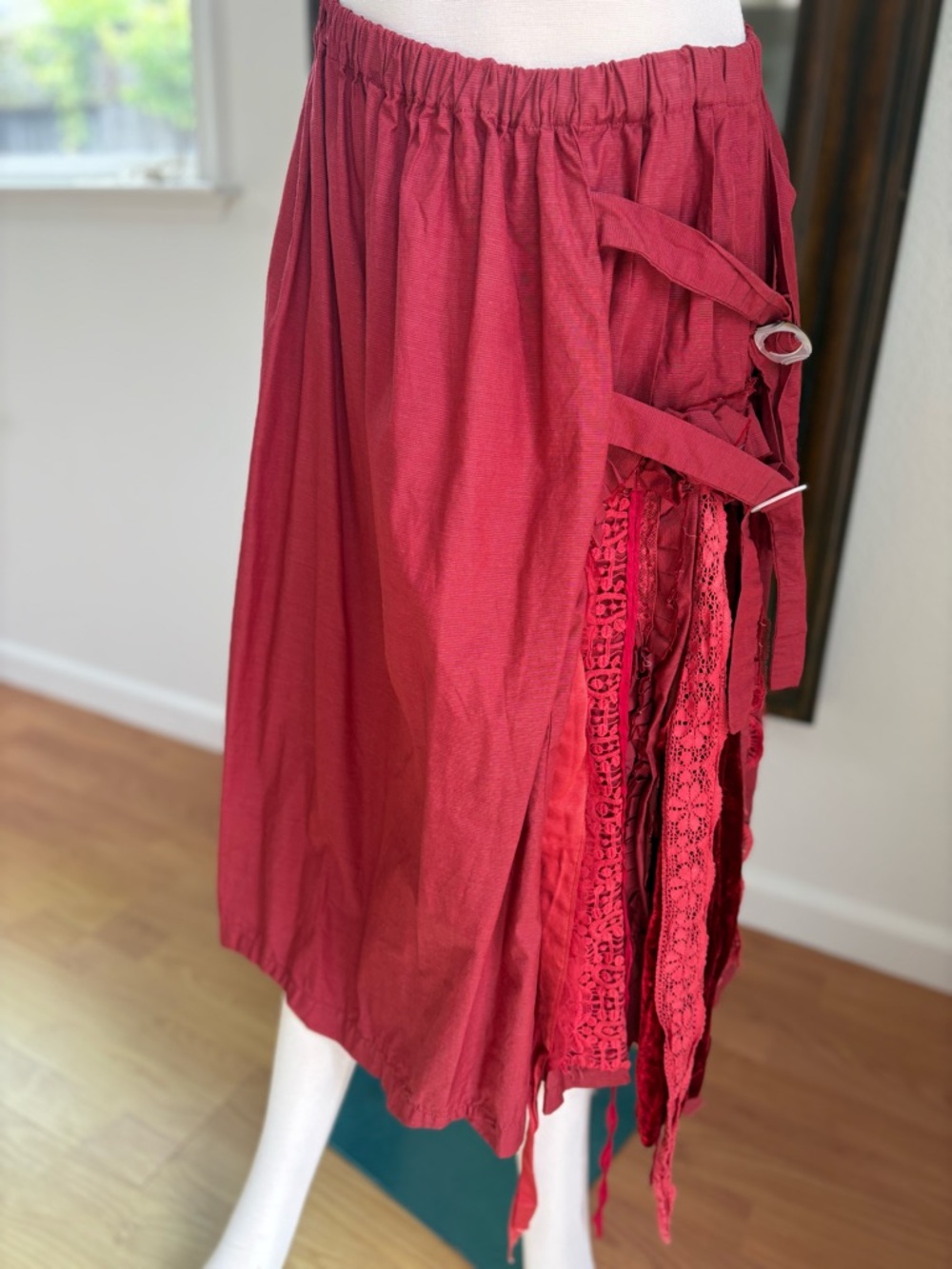 Krista Larson Red Midi Skirt with Lace Trim and Side Tie